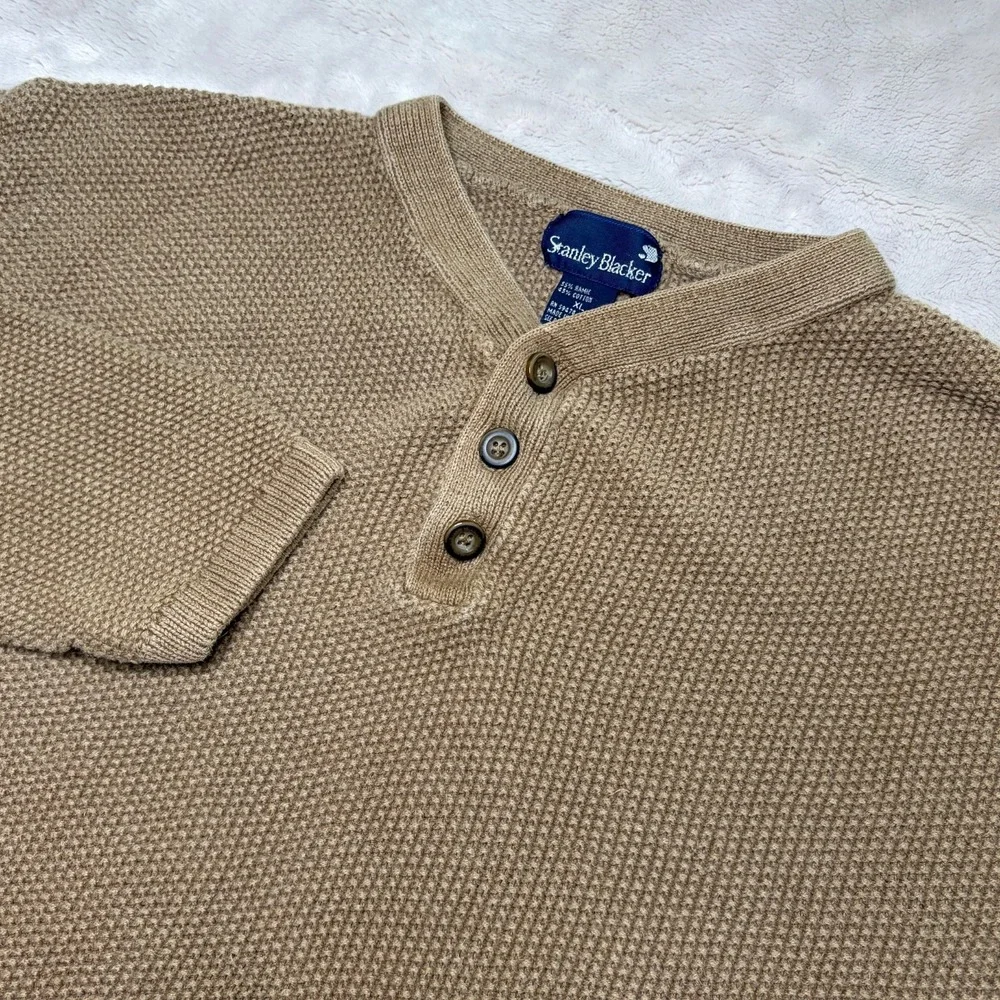 Vtg Stanley Blacker Waffle Knit Henley Sweater Mens XL Beige Heavyweight Cabin